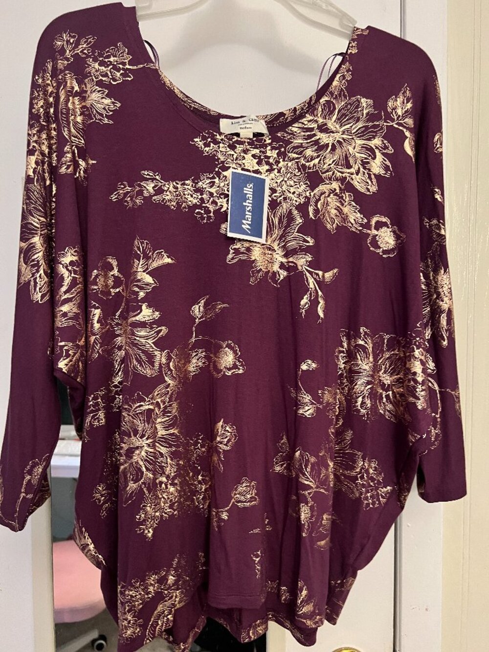 Kim & Cami Metallic Floral Wide‑Sleeve Top – Purple/Gold – NWT (Medium)